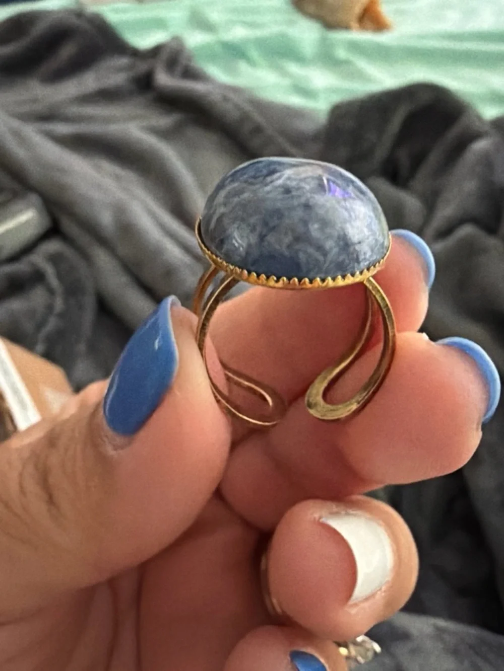 Blue Marbled Oval Stone Statement Ring